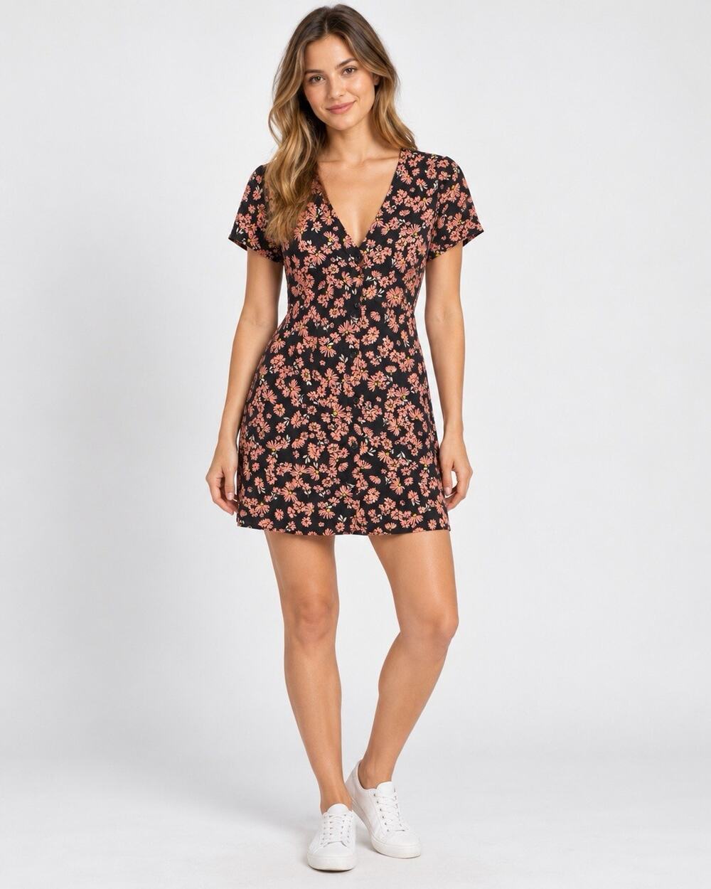 Volcom Crunk Punk Dress Women’s XS Black Pink Floral Button Front NWT
